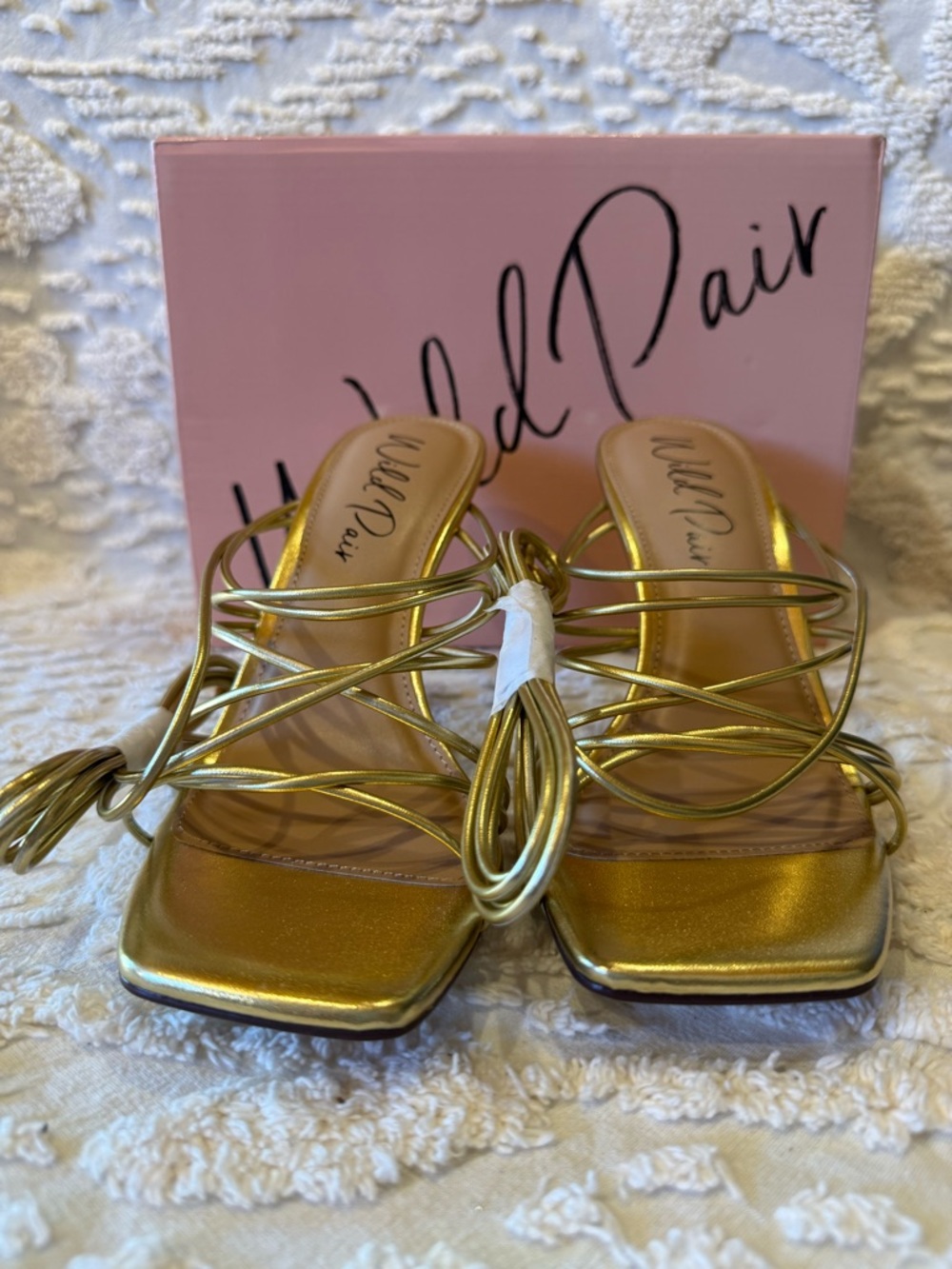 Wild Pair Metallic Gold Strappy Square-Toe Heels #641